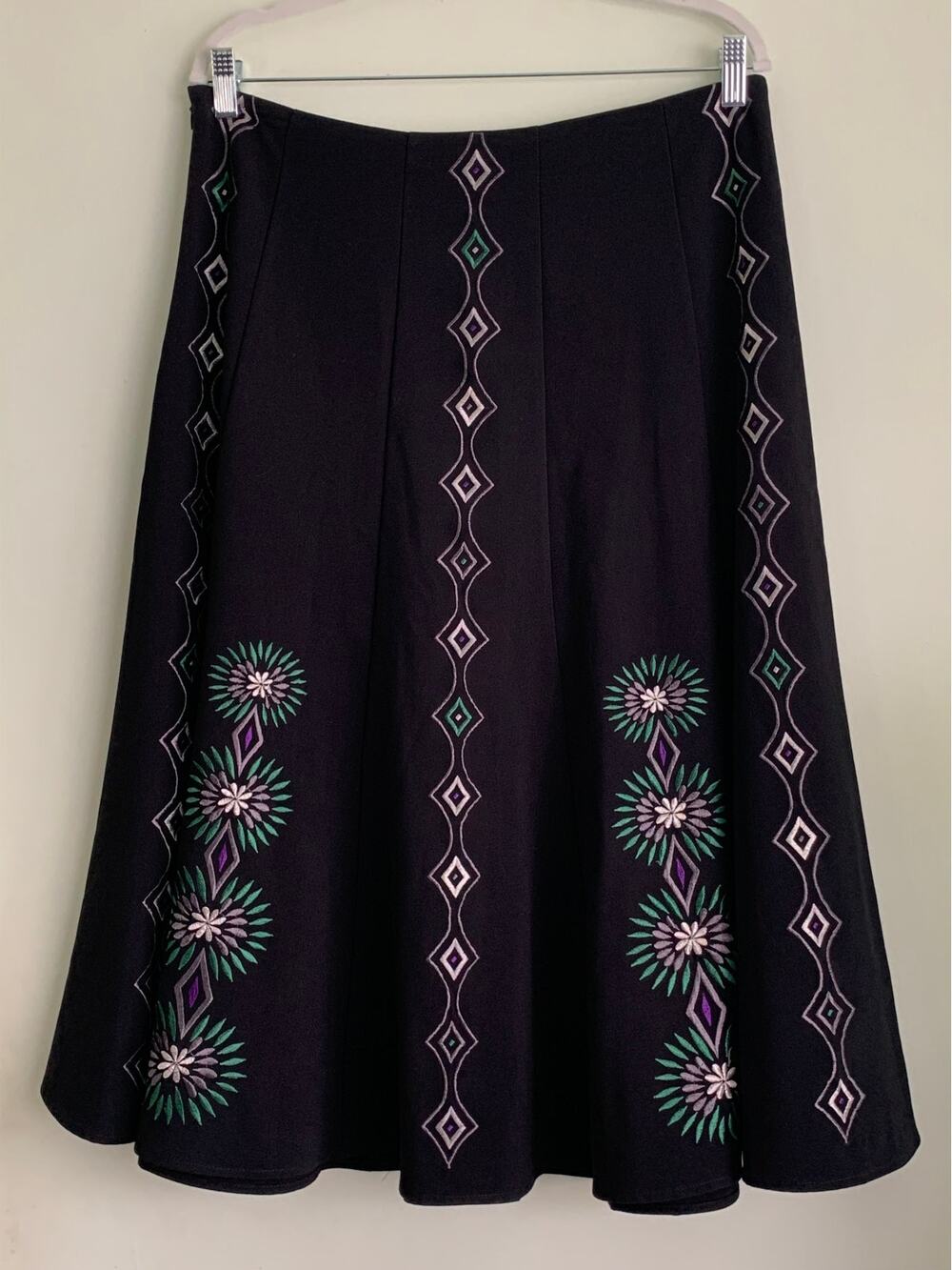 Sunny Leigh Embroidered Midi Skirt Black Folk Geometric Boho Floral 14